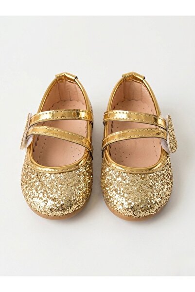 Miray baby kids Kız Çocuk Gold Simli Kalpli Babet Ayakkabı – Bayramlık, Düğün...