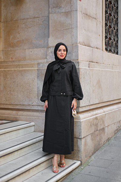 LOCCO Women's Scarf Collar Cupra Skirt Suit Black