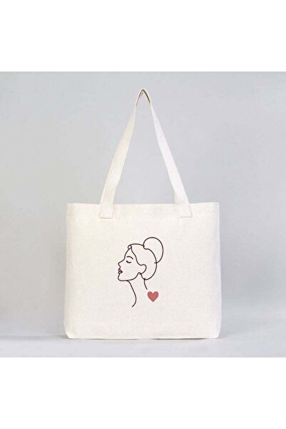 Sakin Kadın ve Kalp Nakışlı Feminen Çizim Kadın Tasarım Ham Kanvas Modern Omuz Çantası 45x35x8 cm
