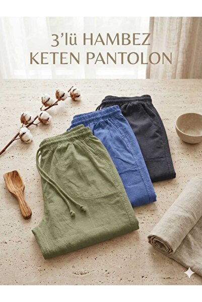 BEYAZTOPTAN Natural Linen Textured Comfortable Cut 3-Piece Harem Pants Set
