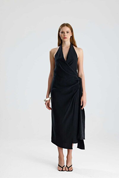 GACA COLLECTION Luna Double-Breasted Tie-Back Black Dress