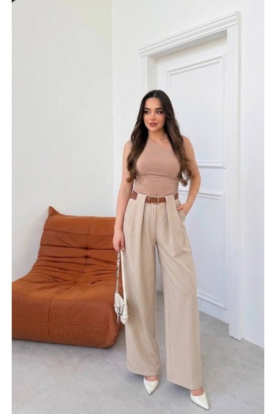 ELAY Fashion Kadın Bej Kemer Detaylı Bol Paça Yüksek Bel Pantolon