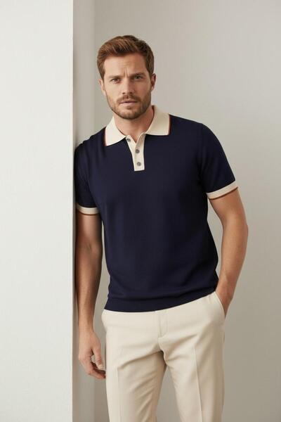 Sarar İnterview Polo Yaka Rayon İnce Triko Lacivert-Bej T-Shirt