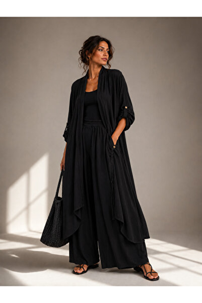 günay boutıque %100 Ham keten İtalyan Stil Siyah Uzun Kimono Ceket – Cepli Ov...