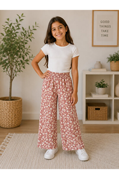 SANTRALBEBE Girl's Elastic Waist Patterned Wide Leg Trousers