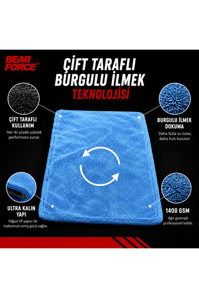 ROBEVE Bear Force Premium Araç Kurulama Havlusu 50x80 cm 1400 GSM Çift Taraflı Mikrofiber Oto Kurulama Bezi Dikişsiz Kenar Burgulu İlmek Yapılı Yüksek Su Emici Profesyonel Araç Bakım Havlusu