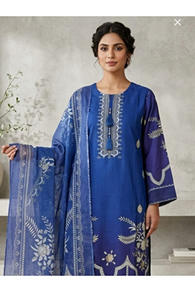 MYSMAR Blue Embroidered Lawn & Cambric 3-Piece Suit Set - AFK8876 | Blue