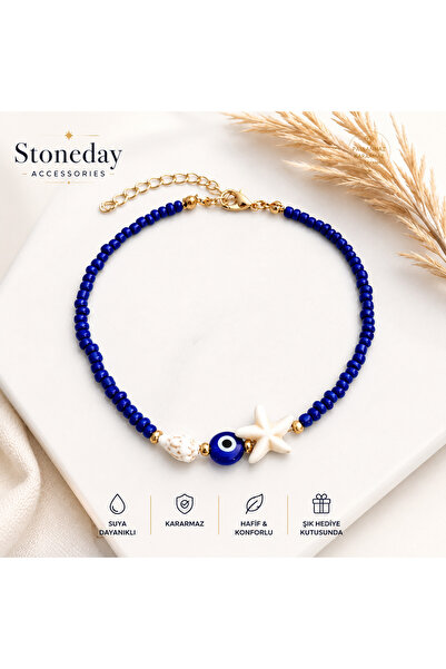 Stoneday Sea Shell Starfish Evil Eye Beaded Dark Blue Sand Bead Anklet