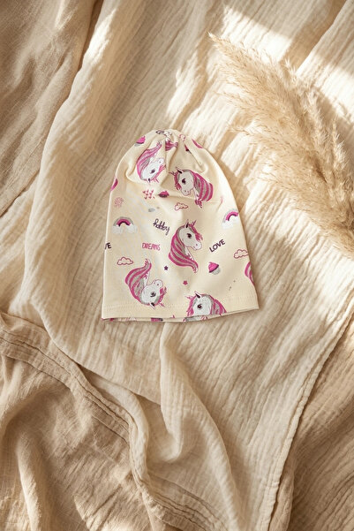 Babydonat Kız Çocuk Krem Unicorn Desenli Pamuklu Esnek Penye Bere - Gümüş Sim...
