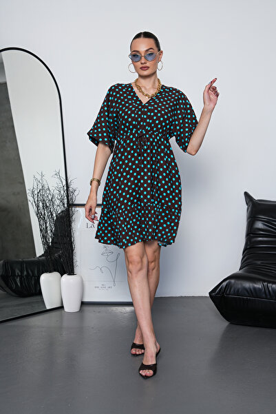 NAVY Batwing Sleeve V-Neck Polka Dot Patterned Mini Dress with Waist Tie Detail