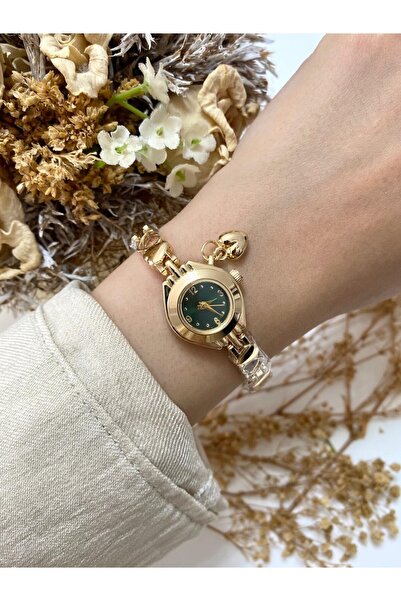 Mazzy Minimal Pinterest Heart Charm Gold Green Dial Women's Wristwatch