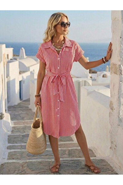 Iuliashop Rochie Midi Toledo Alba cu dungi roșii - M