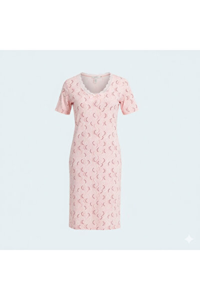 Generic Soft Viscose Nightgown with Short Sleeves and Elegant Lace Collar - M...