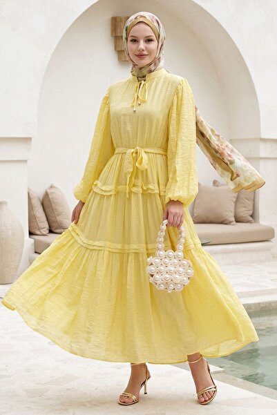 InStyle Wrinkled Patterned Lace-Up Yellow Dress