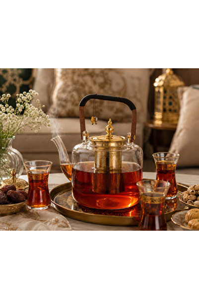 Dania ✨ براد شاي زجاج فاخر 1200 مل بفلتر ستانلس ذهبي ومقبض خشبي – تصميم أنيق ...