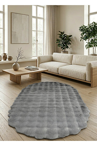 Ayduran Halı Tavşan Tüyü Gri Elips Bubble Peluş Düz Renk Premium Süet Tabanlı...