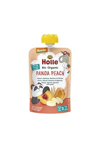 Holle Panda Peach - Piure de piersici, caise și banane, cu fulgi de spelt bio...