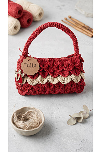 Talinhandmade Red and White Straw Medium Size Handbag |   Paper String Handma...