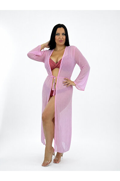 Bonitas Beachwear Plus Size Long Sleeve, Stone Detailed, Side Slit, Tie-Waist...