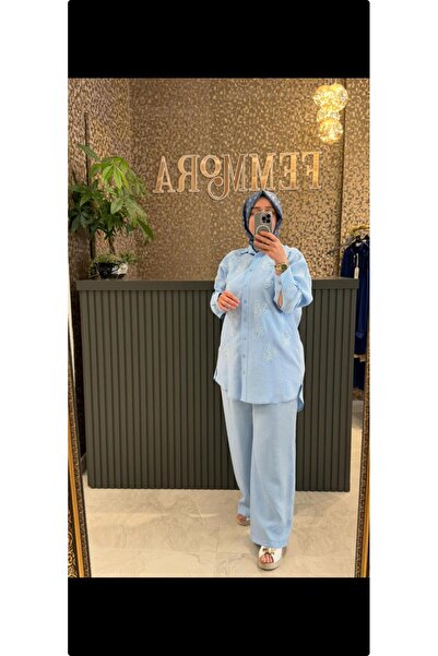 StellaStore Nakış İşlemeli Gömlekli Takım - Mavi