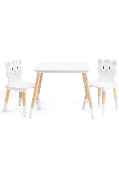 Navaris Set masă pentru copii cu 2 scaune, din lemn de pin și MDF, model pisi...