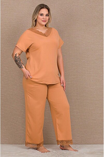by İGP Orange Plus Size Lace Detailed Short Sleeve Cotton Viscose Pajamas Set