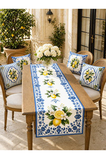 Bebişim Halı Blue White Lemon Modern Decorative Runner Tablecloth