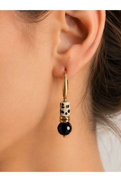 Home Dalmatian Jasper and Onyx Stone Dangle Steel Earrings |   Natural Stone ...