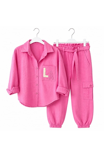 LunaSun Kids Kız Çocuk Pembe Müslin Kargo Pantolon Gömlek Takım