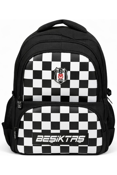 Beşiktaş Licensed 4-Compartment Checkerboard Patterned School Bag - Water-Rep...