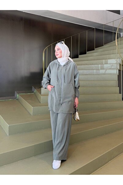 Afili butik طقم مكون من قطعتين بغطاء رأس وسحاب من قماش مودال بنسبة 100% - تصم...