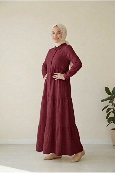madam trend Burgundy Women's 100% Cotton Muslin Fabric Dress Buttoned Shirt C...