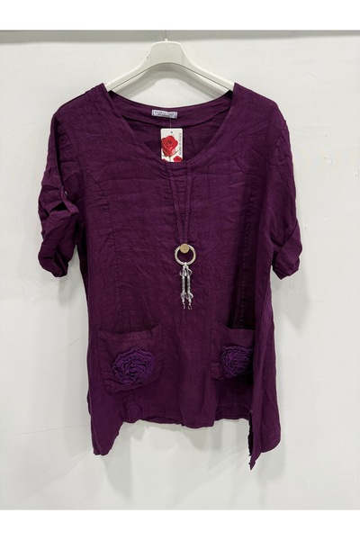 della moor Women's Purple Italian Folded Short Sleeve Oversize Linen Tunic 40...