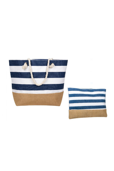 JMB White Blue Striped Straw Beach Bag Top Bottom Set 56x15x43cm / 29x21 cm