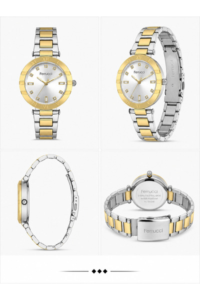 Ferrucci Roman Numeral Bezel White Dial Double Color Metal Band Women Wristwatch
