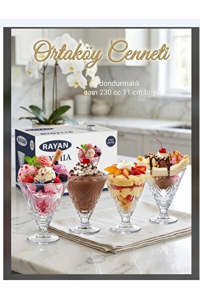 ORTAKÖYCENNETİ Dondurmalık 4 LÜ cam ayaklı 230 cc 11 cm boyu 10 cm ağızı raya...