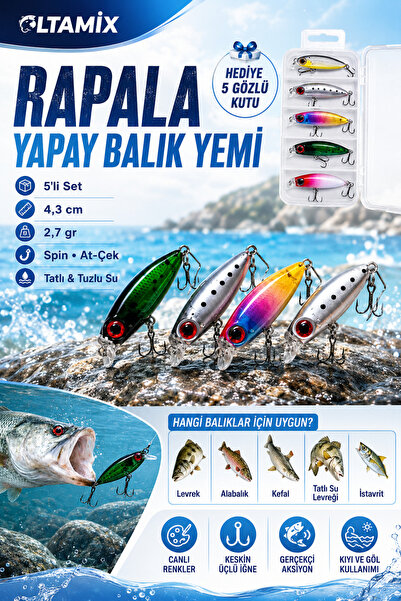 OLTAMİX 5’li Rapala Tipi Yapay Balık Yemi 4,3 cm 2,7 gr Spin At-Çek Sahte Yem