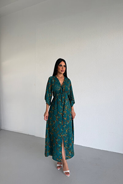 KAMACI BUTİK Double-breasted Collar Floral Patterned Dress