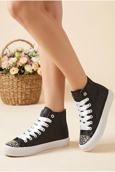 HYS SHOES Kadın Siyah Parlak Simli Taş İşlemeli Yüksek Bilek Sneaker Özel Tas...