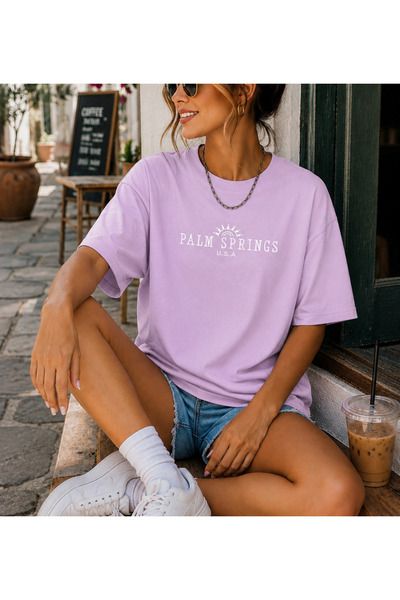 shidumanlar Unisex Palm Spring Baskılı Pamuklu Oversize T-shirt Tshirt tişört