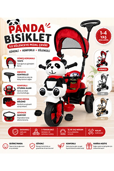 Ümit Panda Figürlü Tenteli Ebeveyn Kontrollü 3 Tekerlekli Çocuk Bisikleti