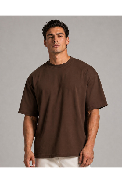 metsawear Men's Premium Oversize Brown Basic T-Shirt – European Fit, Comforta...