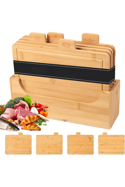 Diason 4-Piece Bamboo Chopping Board Set with Stand, Wooden Chopping Boards w...