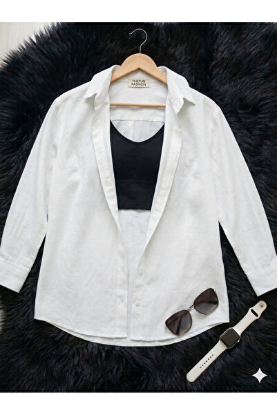 thefun fashion Women's Oversize Cut Woven Linen Long Sleeve White Shirt 100% ...