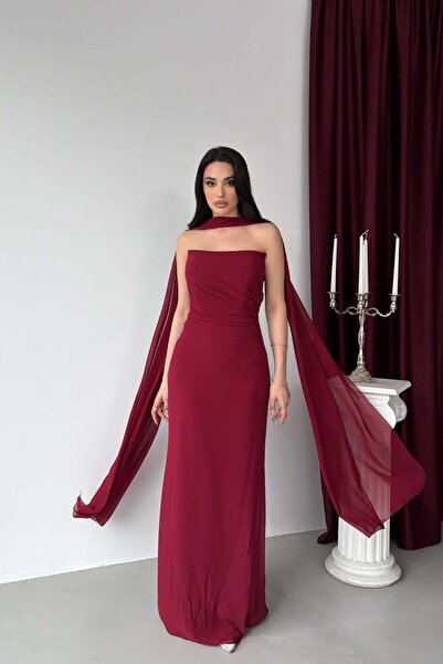 Serica Moda Bordo Straplez Şal Detaylı Drapeli Abiye Elbise