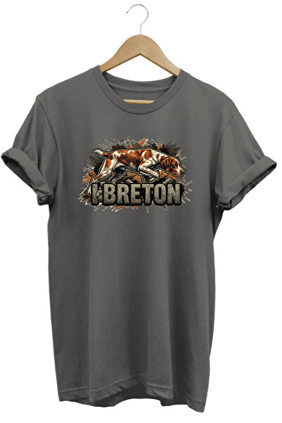 WİDİ Unisex Breton Printed T-Shirt - Hunter Dogs Series Crew Neck Cotton T-Shirt