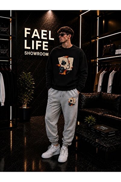 FAEL LİFE Unisex Wide Cut Zero Neck and Sweatpants Set with Zar Print