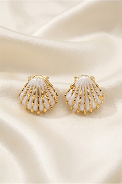 Pelin Aksesuar Ecru Enameled Gold Color Steel Earrings with Sea Shell Figures