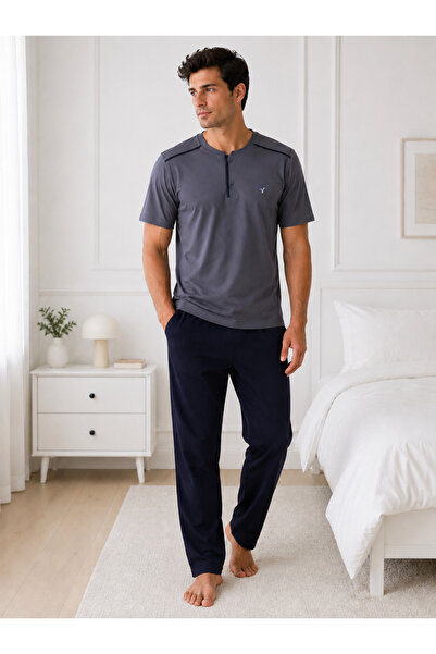 AYSUN TEKSTİL Short Sleeve Sporty Cut Cotton High Collar Men's Pajama Set