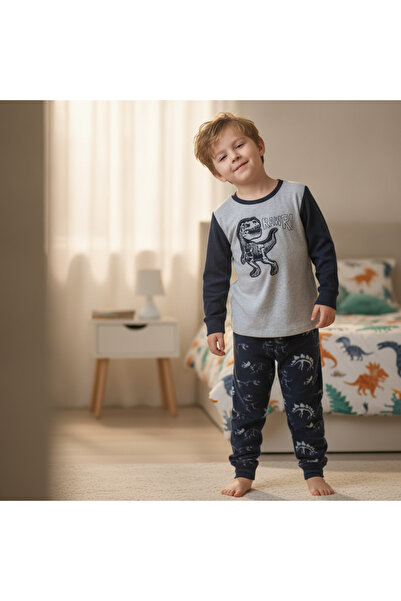 BONBON Children's Gray Color Dinosaur Printed Fleece 2-Piece Set Cb1031